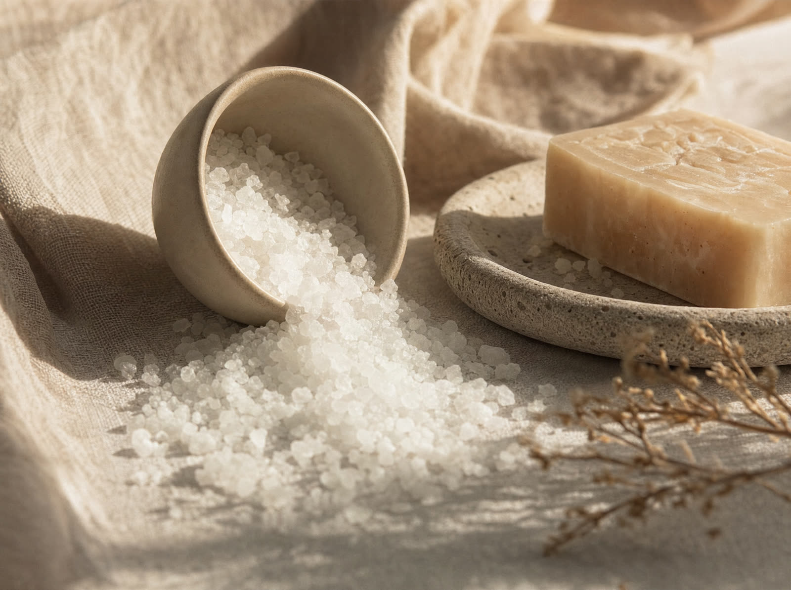 Dead Sea mineral salt spilling from a ceramic bowl beside a bar of mineral soap