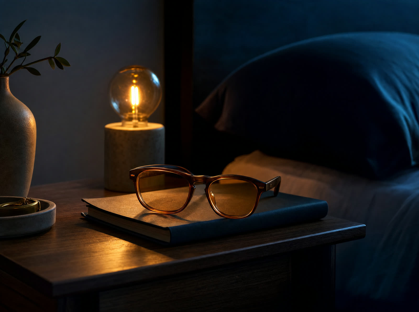 Amber blue-light-blocking glasses on a book beside a warm bedside bulb at dusk