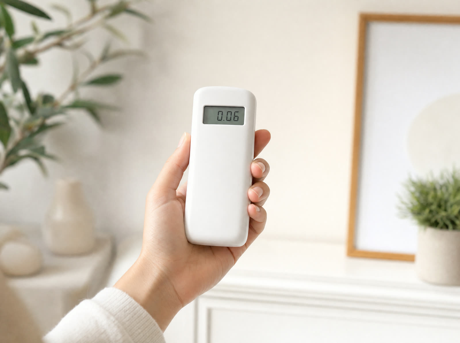 A hand holding an EMF meter showing a live reading in a bright room